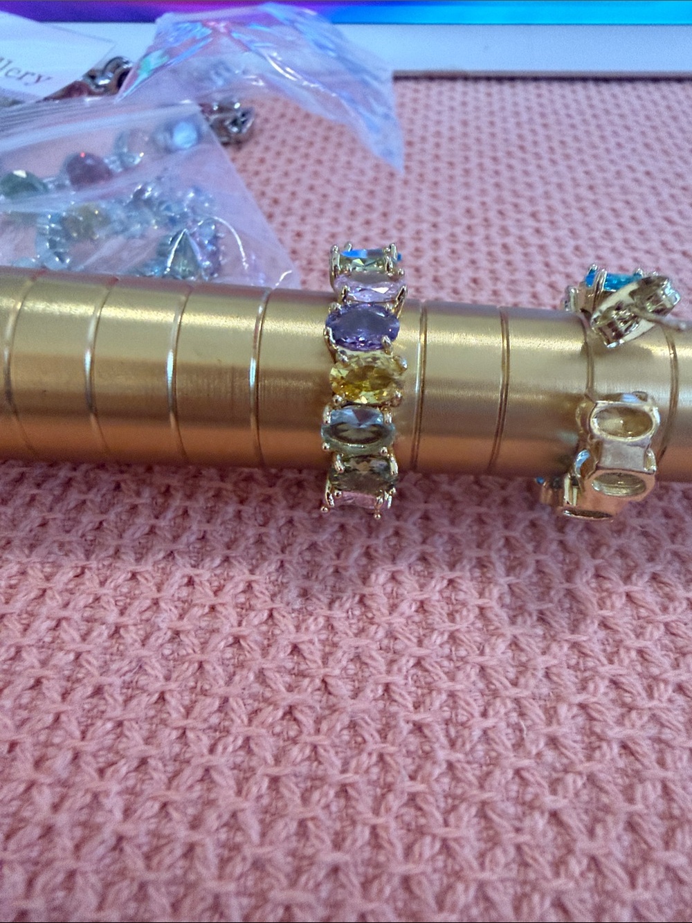 Gold Multi-Stone Earrings— Yellow, Green,Blue and Purple Stones